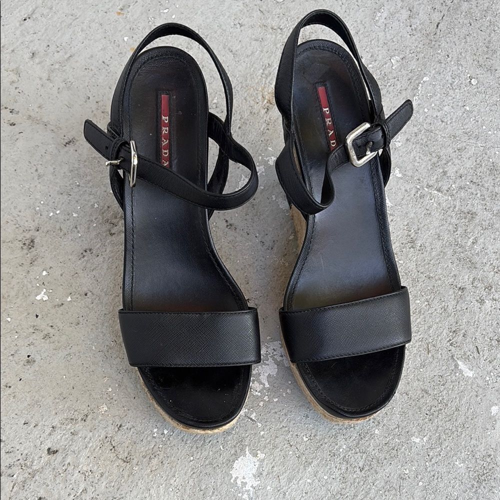 Prada Black Wedge Sandals